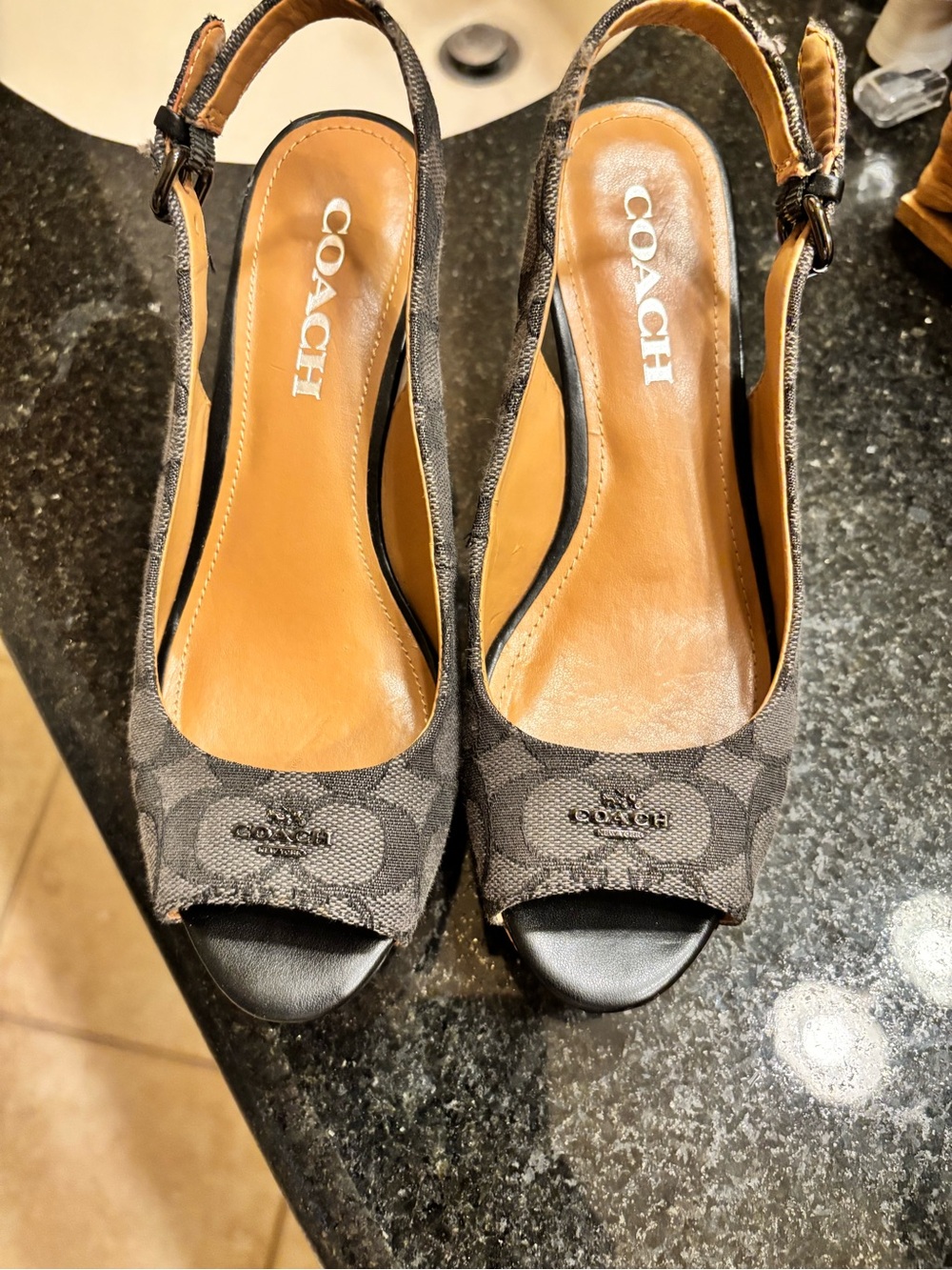 Coach Gray and Black Signature Peep-Toe Slingback Heels